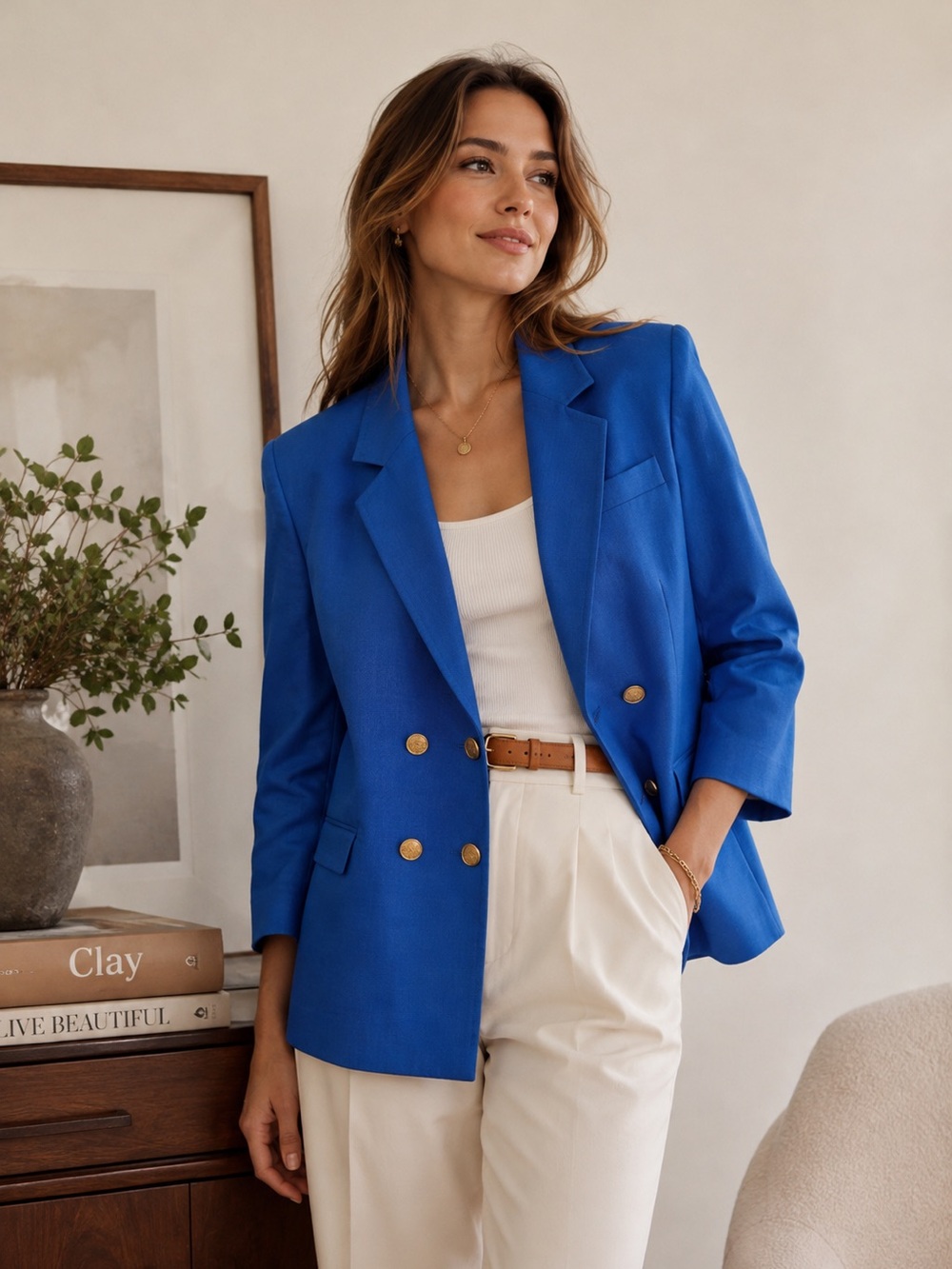 Vintage Elegant Cobalt Blue Double-Breasted Women's Blazer with unique lining.12